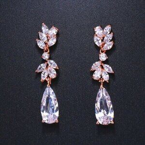 18k Rose Gold Crystal Drop Earrings Cubic Zircon Bridesmaid Prom Earrings